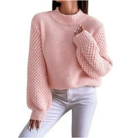Tklpehg дамски модни модни върхове с дълъг ръкав мода солиден цвят небрежен пуловер есен зимен топъл пуловер хлабав кръгъл пуловер пуловер пуловери розово л