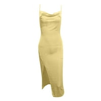 Аиомет Дамски рокли дамски елегантни рокли Плътен цвят рокля парти клуб рокля мода тънка рокля дълга свободна рокля, жълто ххл