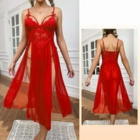 Tawop секси пижама за жени секси секси мрежа Deep V Lace Pajamas Side Slit Sling Пола удължена домашна рокля пижама рокля жени комплект червено 6