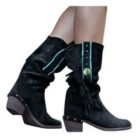 Puawkoer женски небрежен ръкав токчета Дами Squ Boots Fringed Retro са обувки Женски ботуши