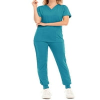 Glonme жени ексфолианти комплекти джобове скраб върхове+панталони солиден цвят медицинска болница модерен костюм редовен v врата отгоре езеро синьо l