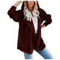 Lastesso Women's Fashion Loose Solid Color с дълъг ръкав с качулка топло плюшено жилетка палто