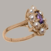 Британски направен 14k розов златен пръстен с естествен аметист и култивирана перлена женска изявление пръстен - Опции за размер - размер 11.25