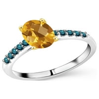Gem Stone King 1. CT овална шахматна дъска жълт цитрин син диамант сребро и 10K жълто златен пръстен